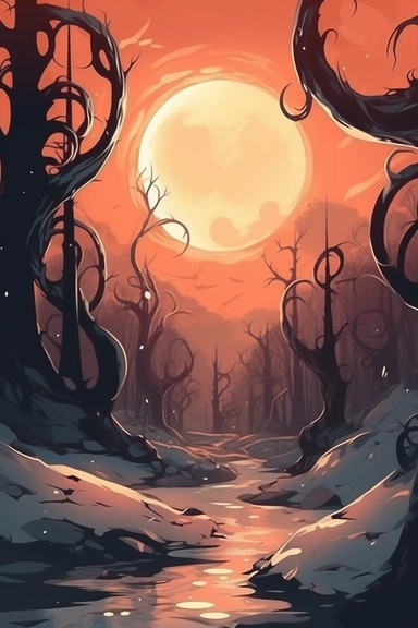 realistic clipart of enchanted winter hell landscape, digital painting