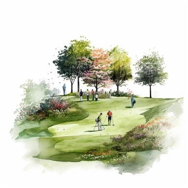 Idyllic watercolor clipart of a perfectly striped putting green scene with golfers in Springtime, isolated on a pure white background, insane detail,
