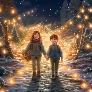 christmas eve, 2 happy children walking in Narnia, twinkling lights, Disney style of drawing, clipart