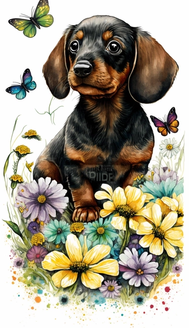 A cute baby Dachshund puppy sitting in a bed of colorful flowers, looking up at the sky with curious eyes, surrounded by butterflies and bees, evoking a sense of innocence and wonder, Watercolor painting with a bright and cheerful color palette, emphasizing the playfulness of the scene, watercolor clipart, white background