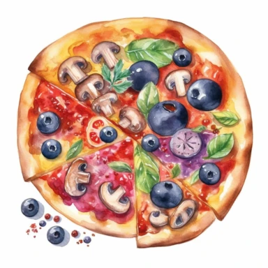 Create a watercolor clipart of a delicious pizza, with toppings like mushrooms, peppers, and olives. Use pastel colors and make sure to capture the details of the crust and the toppings, white background