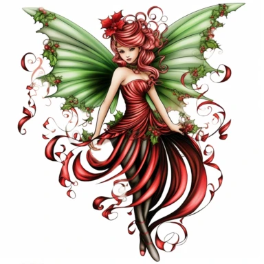 christmas fairy, very large wings made of holly leaves, clipart, red and green, black white stripes, holly, , isolated on white background, in the style of Amy Brown, beautiful christmas floral, bright color, crisp lines, chaos 8