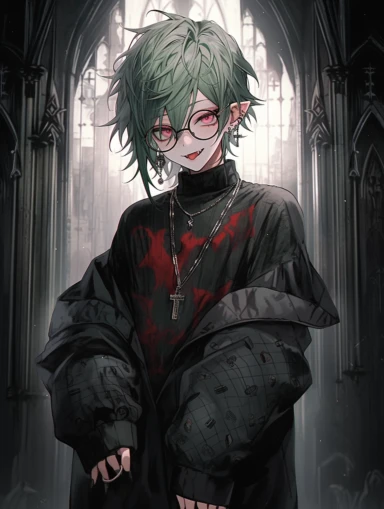 anime boy, messy dark green hair, red eyes, sharp teeth, choker necklace, grey black striped sweater, black pants, hair clip, goth, punk, red, gothic, lip ring, round glasses, pointed ears, vampire, gothic background, church, black jacket, full body, man, male, tattoos