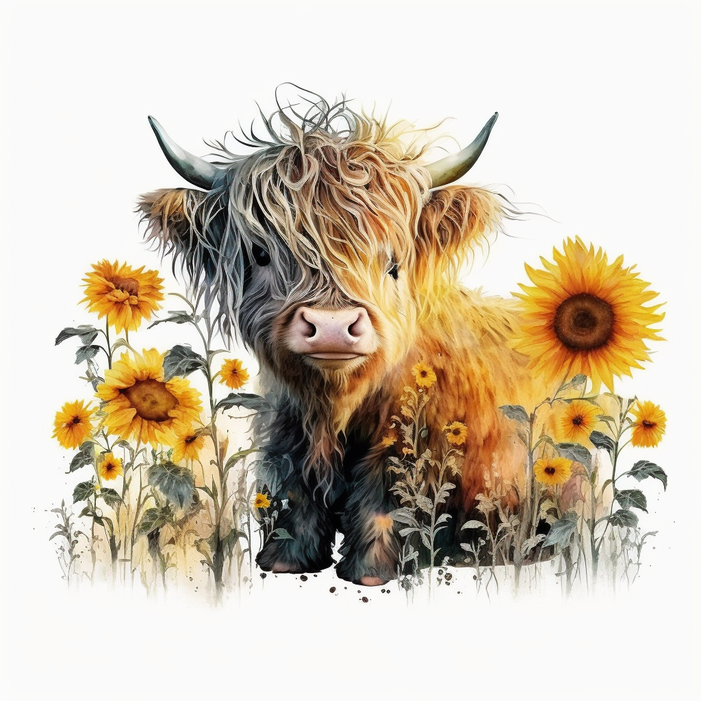 Cute Watercolour Highland Cow Clipart Around Sunflowers Long Hair Absolutely Nothing In The