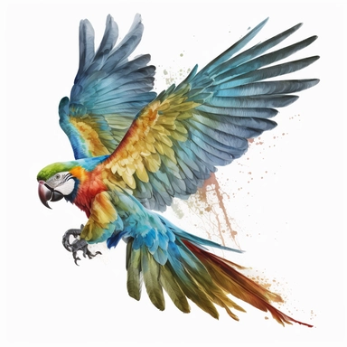a colourful parrot flying, clipart format, watercolour, full white background