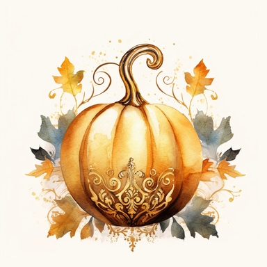 Watercolor velvet colored boho pumpkin with gold ornate watercolor sitting on leaves white background clipart 4k