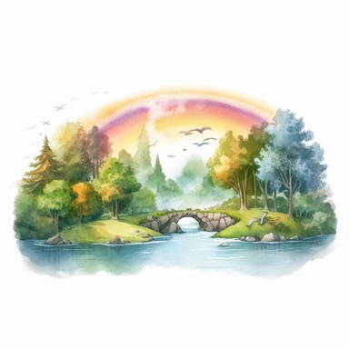 a watercolor of a river forrest scenery with rainbow, realistic fantasy Style, vector free clipart illustration, in the style of unreal engine 5, 32k uhd, detailed features, white background