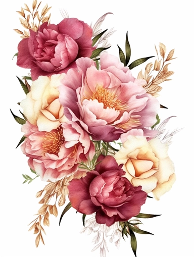 clear watercolor burgundy and peach peonies in corner arrangement border, hyper detailed, high definition, ultra realistic, clipart, white background,