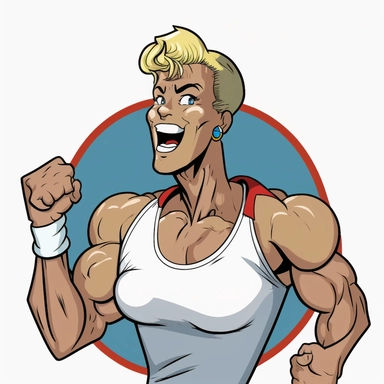 Queer white very muscular power girl smiling soccer champion,short hair and lipstick portrait cartoon character ,white cut out background clipart,Ernie Barnes rendering,2D,,--no shadows