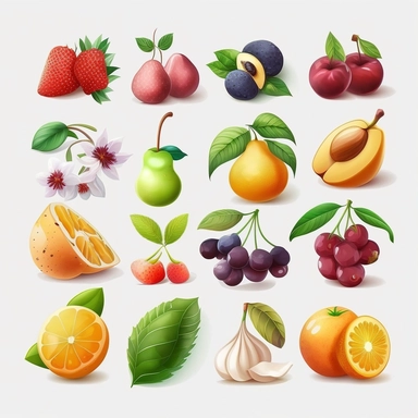 beautiful, 10 fruit stickers collection, clipart design, cartoon, 4k, white background, photo realism