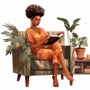 Melanin girl PNG | Black Girl Clipart, Black Woman Illustration, African American Fashion Digital Print, Self Love Clipart, pixie cut hairstyle, sitting on couch reading a book