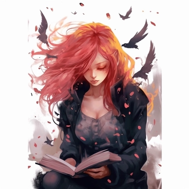 a girl reading a book with red flowing hair, delicate shades of red orange and gold, watercolor clipart, white backound, no backound, glowing,Takehisa Yumeji