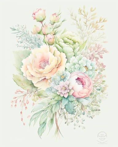 soft colorful pastel colored floral arrangement clipart, soft and subtle, colorful fairy pastel colors watercolor style, fawncore, peonies and roses, pastel green, pink dreamy pastel, dreamy pastel colors, muted pastel colors, colorful dreamy pastel pink and pastel green colorful fairy pastel pink, plain white background, use of fabric, excellent depth of shading in soft watercolor style, watercolor artwork, plain white background for transparent editing