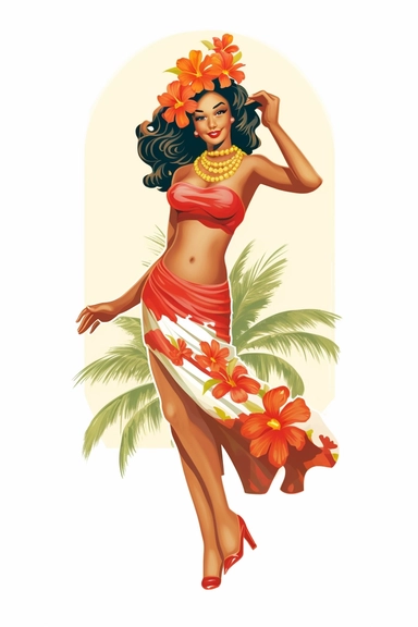 hawaiian woman on beach, retro cartoon, drawing clipart, Tropical Sublimation, Coconut Girl, Hibiscus, white background
