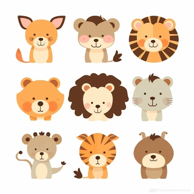 cute clipart of a [lion, giraffe, monkey, hippo], collage style, flat color, svg, rough shapes, silhouette, white background, few details