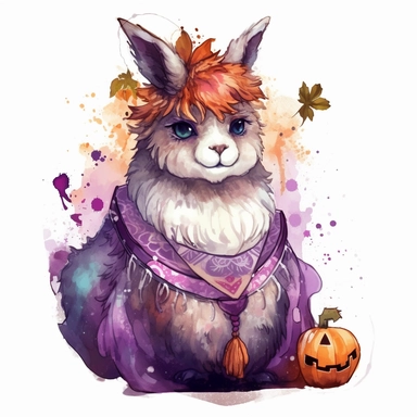 plump purple llama portrait game character, Wuxia, pumpkin crown on her head, kabuki, full body, hyper detailed, Studio Ghibli and Makoto Shinkai, cartoon style, 2d watercolor clipart vector, cozy, creative and imaginative, hd, white background
