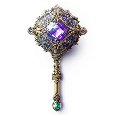 Design a captivating clipart image of a legendary staff against a pristine white background. The staff should have a radiant crystal orb crowning it, adorned with ancient runes and symbols.