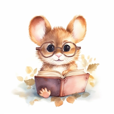 watercolor clipart, cute little brown mouse wearing glasses and reading a book, soft golden glow, isolated and centered on a white background