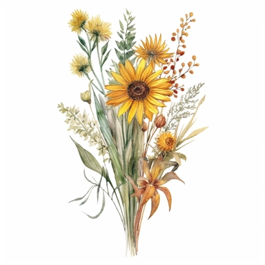 Design a dreamy watercolor clipart of a Bouquet of tall grasses, sunflowers, and wildflowers in earthy tones arranged in a natural and rustic design composition, hand-painted with soft and graceful brushstrokes. Draw inspiration from the artistic finesse of Ethereal Petals Watercolors for a refined and ethereal depiction. isolated on a white background, hand-drawn illustration, hand-painted watercolor texture, 16k UHD resolution, intricately detailed, sharp focal points, designed by Ana Victoria