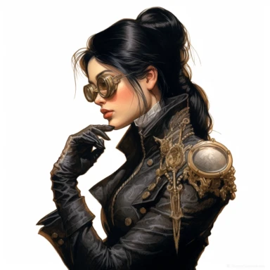 Solid white background. Waist-up portrayal of a steampunk lady, her contemplative gaze and gentle smile reflecting a daydreamer's spirit. Her porcelain skin and raven-black hair enhance her bronze and silver outfit, showcasing a fine blend of Victorian elegance and steampunk industrial design. A pair of steampunk goggles resting on her head takes the place of a hat. No steampunk elements are depicted in the background. Pastel clipart, hyper-realistic, retro-futurism, solid white background