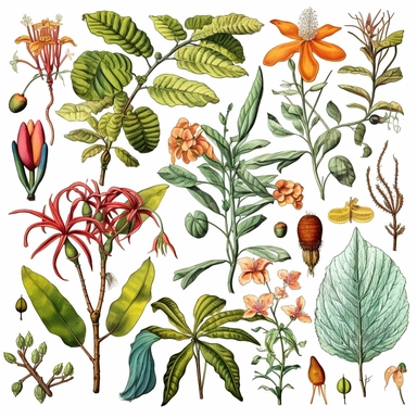 Clipart, vintage, watercolor, historical drawings of diverse and exotic Amazonian flora by pioneering botanists, hand-draw, texture