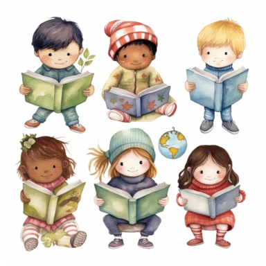 Many different nationality Cute little children reading a book, folk art, watercolor, clipart elements, kawaii, white background