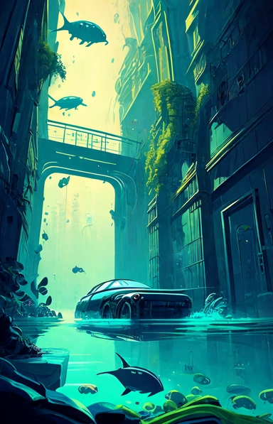 city ​​under water, technology, atlantis, robots, aliens, background,book illustration style, by Digital-Vector-Illustration Jordan-Grimmer-Concept-Painting, watercolor clipart, hyperdetailed painting, beautiful scene, cartoon, flat colors, 50mm, f1.4