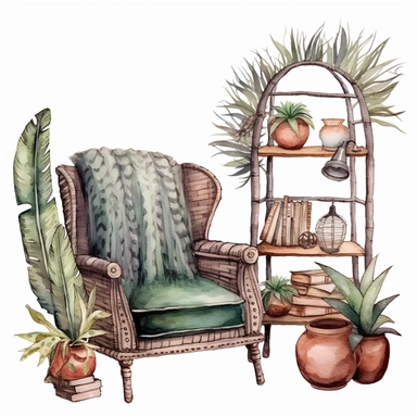 A boho style home corner with watercolor effect,boho furniture,boho style tools,feathers,boho style details,boho colors,suitable for digital clipart,white background,boho style green plants