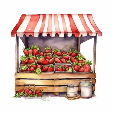 Commercial shot of ultra - realistic watercolor painting of a strawberry stand clipart, aesthetic, good looking food, delicious, yummy, foodie, healthy, white background no text, isolated on white, watercolor illustration, award winning, strong and sharp lines