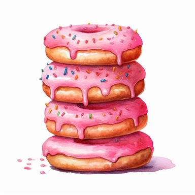 a beautiful detailed watercolor artwork of delicious stack of pink donuts, food art, clipart, clear border, hd, on white background,