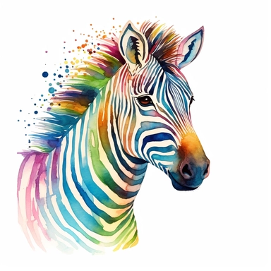 a colorful zebra with kind eyes clipart with watercolor illustration,full body shot,8k,etsy style, white background