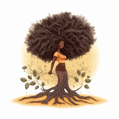 cartoon of a beautiful black woman with big curly hair, growing out of the ground like a tree with roots as her legs, clipart, digital illustration, procreate, v5