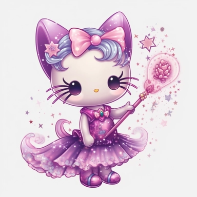 Traditional Hello Kitty. wearing fairy wings, large purple and pink shimmering wings, holding fairy wand, Fantasy Clipart, PNG Clipart, Illustration clipart, 4K, extremely detailed