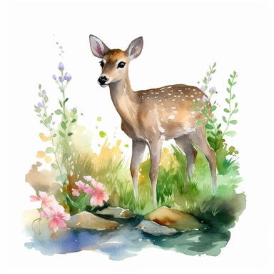 Watercolor clipart of a graceful woodland deer, its soft beige coat touched with spots of white, gently sipping from a clear brook, environment brimming with vivid spring flowers and vibrant green foliage, an atmosphere of tranquility and the renewal of life, Illustration, digital watercolor using a textured brush for a hand-painted effect,