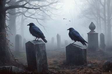 realistic clipart crows in foggy enchanted cemetery, digital painting