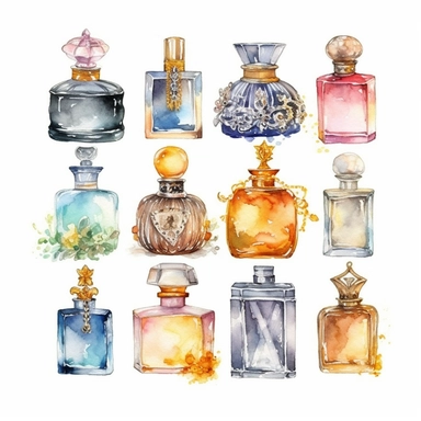 Eleven Watercolor Princes Perfumes Clipart by Nita Engle on solid white background