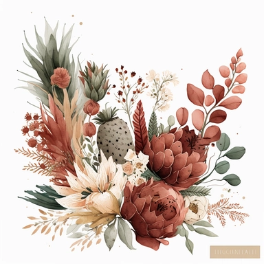 watercolor dusty burgundy floral in the far bottom left corner and far top right coner only, and pineapples in the far bottom left left corner and far up right corner only, clipart, coral, white background, no text