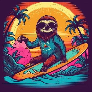 A sunglasses-clad sloth with a Cuban cigar surfing on a Hawaiian wave, eye-catching clipart, sunset colors and silhouettes of surfers in the background
