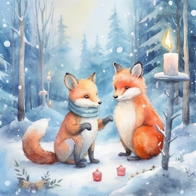 cosy Christmas Eve, snowy enchanted forest, forest animals celebrating Christmas, calm, twinkling lights, ornamental watercolor, clipart, I can't believe how beautiful this is