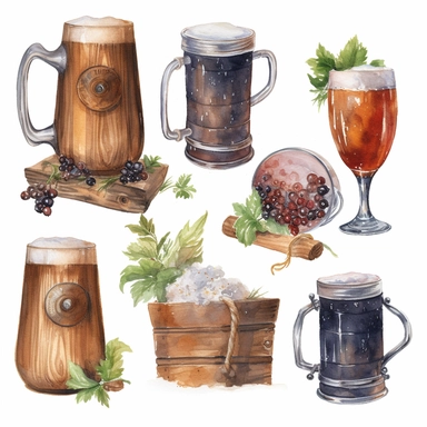clip art, medieval wood beer mugs and stines, highly detailed, light watercolor, white background