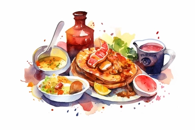 Watercolor, British, Western cuisine, clipart, hd, on a white background, spaced out