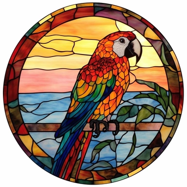 parrot on stained glass retro sunset, vector, clipart, white background, isolated, no background, .75 inch gutter all the way around, diecut circle