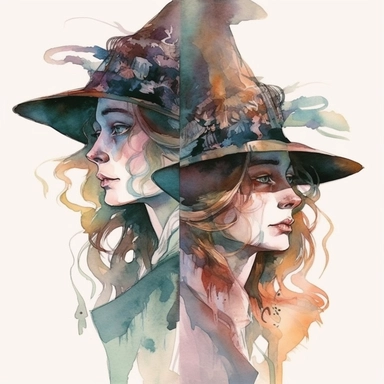 brothers grimm witch , witchy, double exposure, watercolor, art nouveau aesthetic, clipart