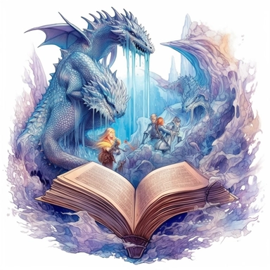 fantasy scene coming out of an open book, elves, orcs, dragons, magical, watercolors, Clipart, pastel blue color theme, intricate and detailed
