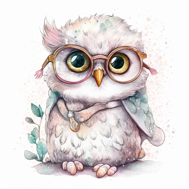 kawaii adorable fantasy snowy owl wearing cute glasses, nursery art, clipart image, line art image, white background, inspired by yoshitaka amano art, very detailed, 8k