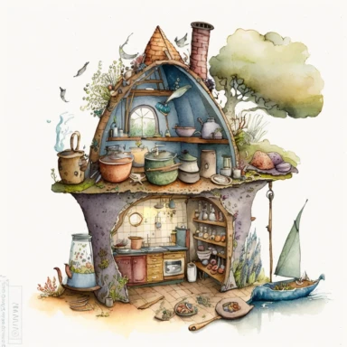 A hyper - detailed illustration watercolor clipart of a whimsical kitchen of a fairy house built out of natural materials by a human, complete kitchen utensil and kitchenware and foods in preparation watercolor illustration, illustration style a combination of Beatrix Potter and Tove Jansson, isolated on white background with margins, cut - out images, zoom on table , close up view