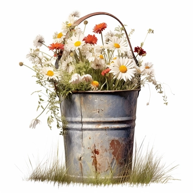 Bucket of Wildflowers Clipart, rusty, old in grass, white background