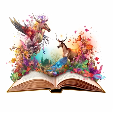 magic vintage Fantasy Open Book looking into another world Clipart, floral,Enchanted Forest, magical creatures like unicorns, fairies, and talking animals. Incorporate vibrant colors and glowing elements to bring the scene to life, on white background ar 3:2 s 1000