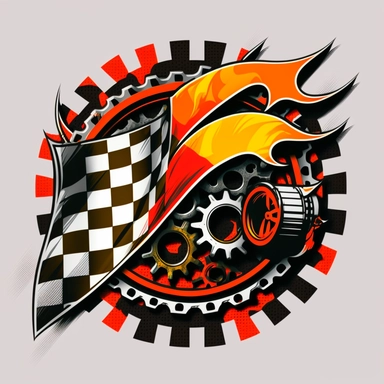 a racing logo Clipart design decal for 2 stroke engine parts include clutch gears race flag checkered pattern, orange red yellow and black colors