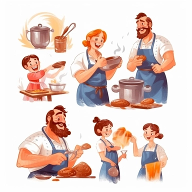 multiple poses characters of a family including dad, mom and kid. thay are enjoy cooking inthe kitchen , watercolor in medieval cartoon grunge style clipart on white background